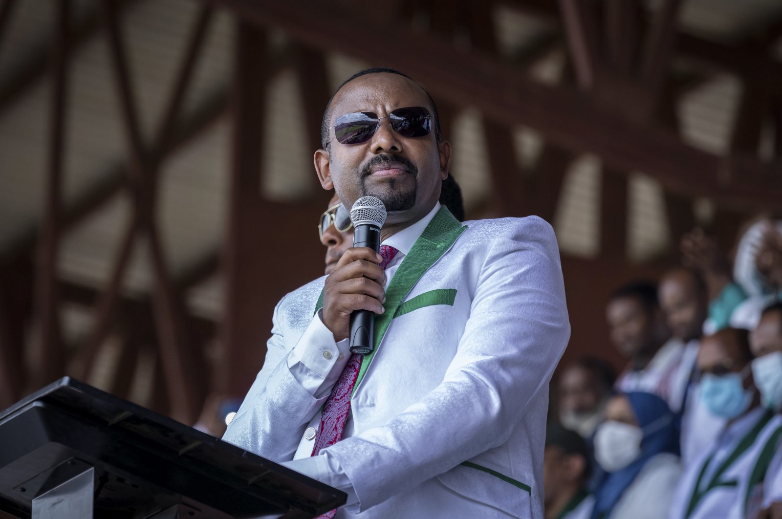 Ethiopia's Prime Minister Abiy Ahmed speaks at a final campaign rally at a stadium in the town of Jimma in the southwestern Oromia Region of Ethiopia, June 16, 2021. (AP Photo)