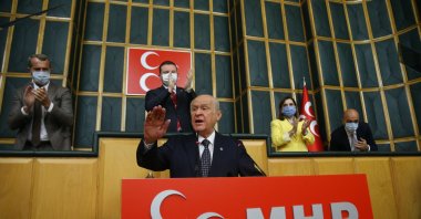 Nationalist Movement Party (MHP) Chairperson Devlet Bahçeli gestures during his party's parliamentary group meeting in Ankara, Turkey, Oct. 5, 2021. (IHA Photo)