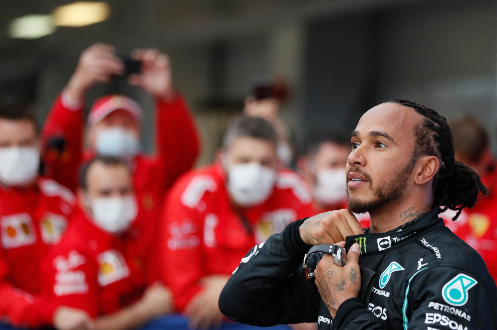 Mercedes driver Lewis Hamilton reacts after the Formula One Russian GP at the Sochi Autodrom circuit, in Sochi, Russia, Sept. 26, 2021. (AFP Photo)