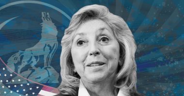 The photo illustration by Daily Sabah's Büşra Öztürk shows Nevada State Rep. Dina Titus with the logo of Grey Wolves in the background.