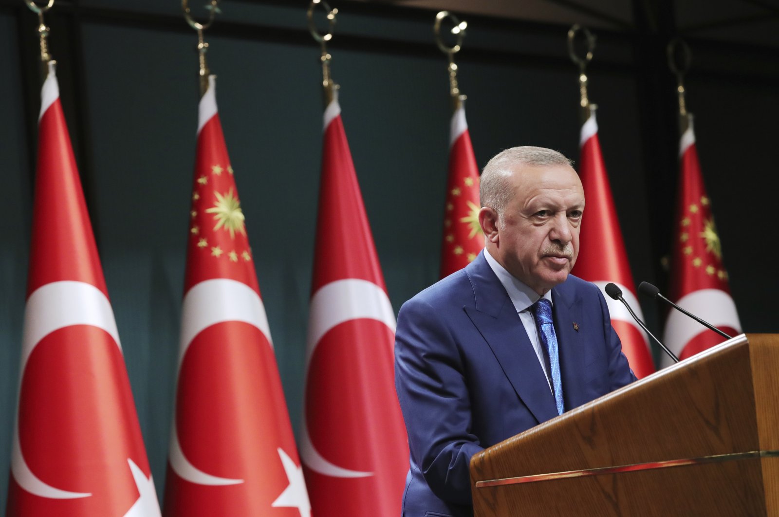 Turkish President Recep Tayyip Erdogan speaks during a televised address following a cabinet meeting, in Ankara, Turkey, Thursday, Aug. 19, 2021. (Turkish Presidency via AP, Pool)