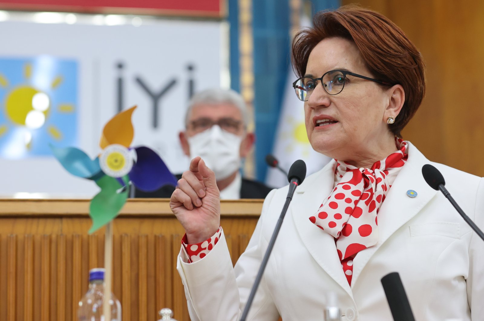 Meral Akşener, the chair of the Good Party (IP), addressing her parliamentary group in the capital Ankara, Turkey, Oct. 6, 2021. (AA Photo)