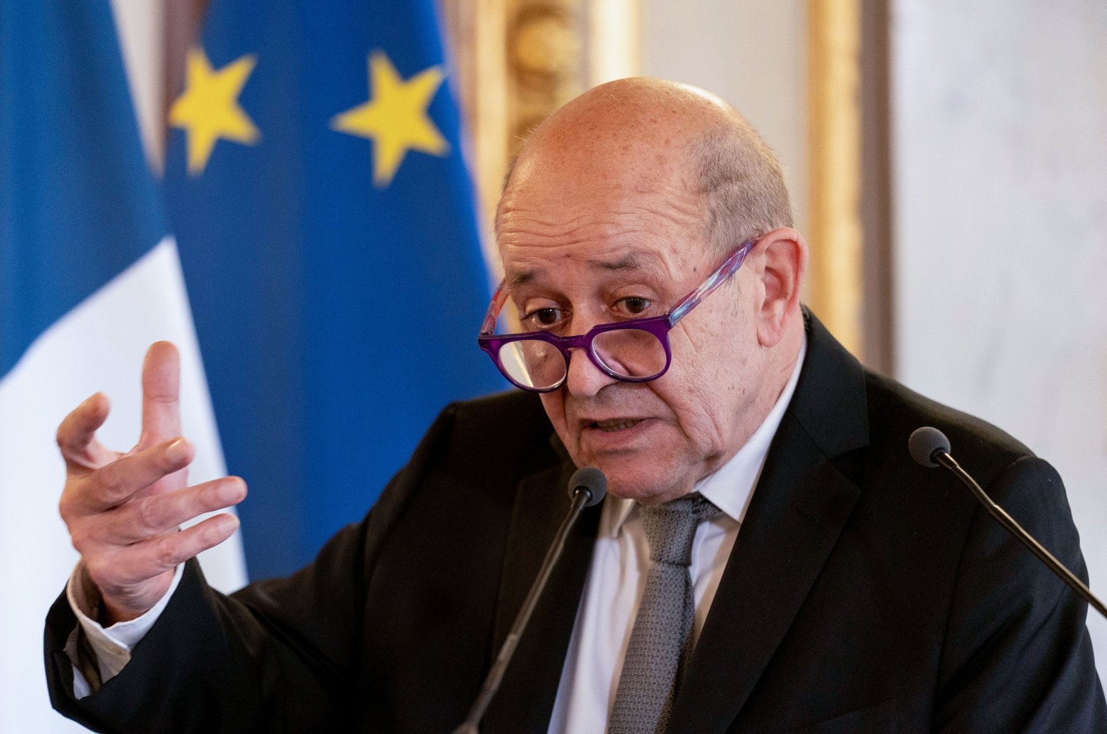 French Foreign Affairs Minister Jean-Yves Le Drian speaks during a news conference with U.S.  Secretary of State Antony Blinken at the French Ministry of Foreign Affairs in Paris, France, June 25, 2021. (Reuters)