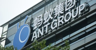 A view of the signage of Ant Group is seen at the headquarters compound of the fintech giant in Hangzhou, Zhejiang province, eastern China, Oct. 26, 2020. (AP Photo)