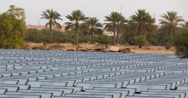 This file photo dated July 8, 2020, shows hydropanels, produced by Zero Mass Water Inc., at the planned site of the IBV drinking water plant in Lehbab, Dubai, United Arab Emirates, using technology to extract moisture from the atmosphere using energy from the sun. (Christopher Pike/Bloomberg via Getty Images)