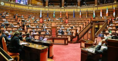 Parliament Speaker Mustafa Şentop speaks at the G20 Parliamentary Speakers' Summit, or P20, in Rome, Italy, Oct. 7, 2021. (AA Photo)