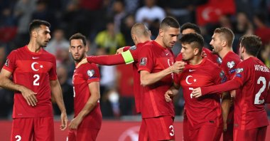 Turkey's Kerem Akturkoglu (R) celebrates with his teammates after scoring a goal during the FIFA World Cup Qatar 2022 Group G qualification football match between Turkey and Norway at Fenerbahçe Şükrü Saraçoğlu Stadium in Istanbul, Turkey, Oct. 8, 2021. (AFP Photo)