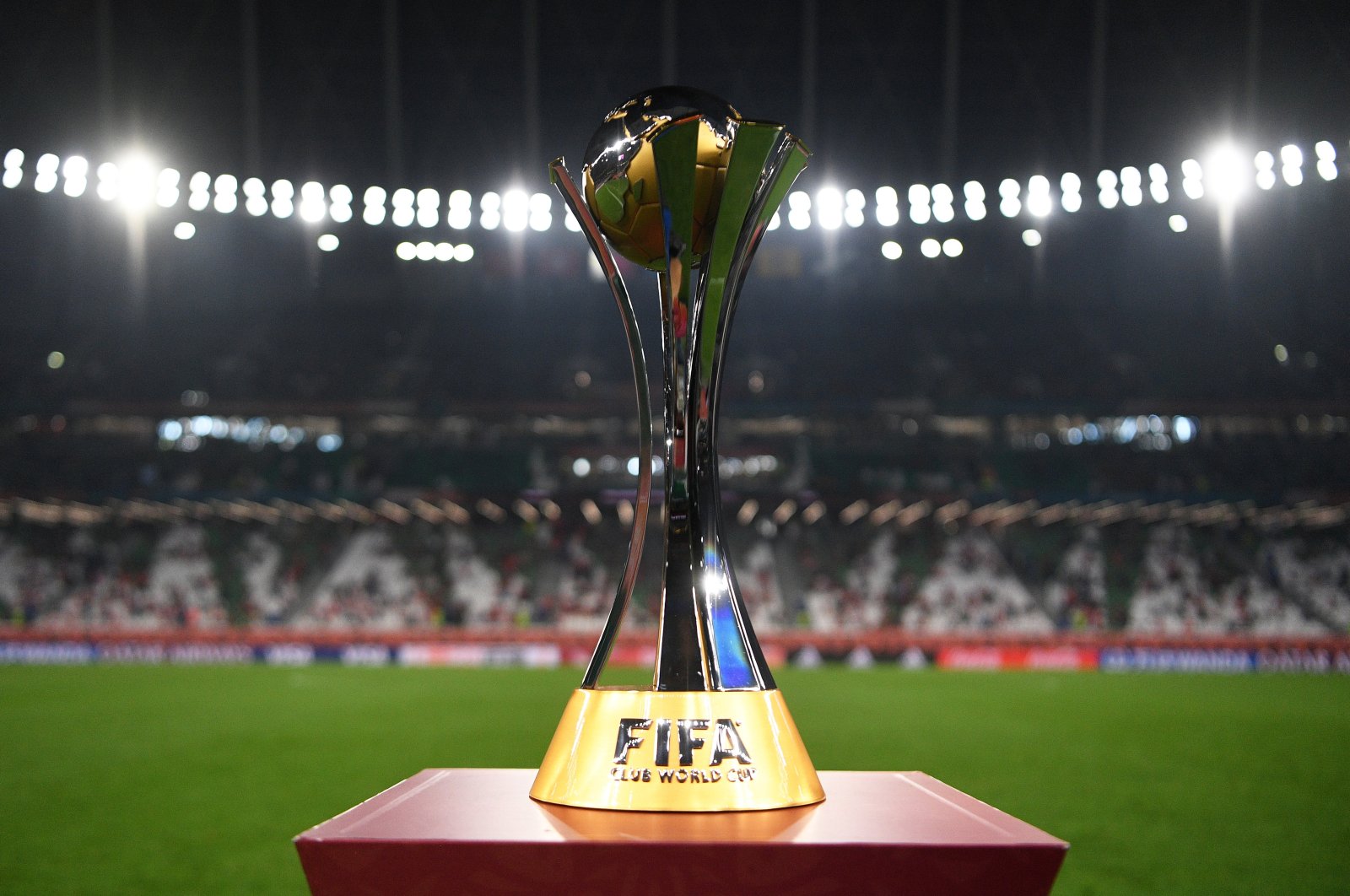 The FIFA Club World Cup trophy is on display ahead of the final match between Bayern Munich and FC Tigres at the Education City Stadium in Doha, Qatar, Feb. 11, 2021. (Getty Images)