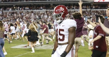 Alabama linebacker Dallas Turner (15) leaves the field after Texas A&M hit a field goal as time expired at Kyle Field, College Station, Texas, U.S., Oct. 9, 2021. (Gary Cosby Jr.-USA TODAY Sports via Reuters)