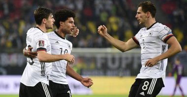 Germany's Serge Gnabry celebrates scoring against Romania in a UEFA World Cup qualifier at Hamburg, Germany, Oct. 8, 2021. (Reuters Photo)