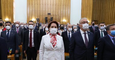 Good Party (IP) Chair Meral Akşener (C) and party officials stand during a ceremony at the Turkish Parliament, Ankara, Turkey, June 10, 2021. (AA File Photo)