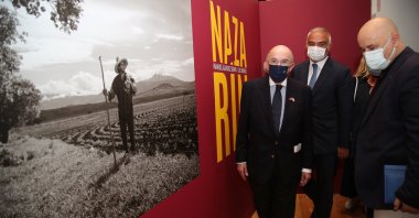 Minister of Culture and Tourism Mehmet Nuri Ersoy (R) and the Mexican Ambassador to Ankara Jose Luis Martinez y Hermandez (L) walk through the "Nazarin" exhibition at the Istanbul Cinema Museum, in Istanbul, Turkey, Oct. 8, 2021.