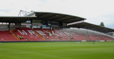 A view of Wrexham's Racecourse Ground, in Wrexham, Wales, Sept. 11, 2021. (AP PHOTO) 