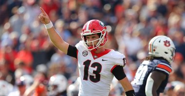 Stetson Bennett (13) of the Georgia Bulldogs reacts after a touchdown against the Auburn Tigers during the first half at Jordan-Hare Stadium, Auburn, Alabama, U.S., Oct. 9, 2021.(AFP Photo)