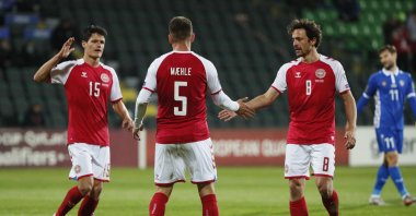 Denmark's Joakim Maehle celebrates (C) scoring his team's fourth goal during a 2022 World Cup qualifier match against Moldova at the Zimbru Stadium, in Chisinau, Moldova, Oct. 9, 2021. (Reuters Photo)