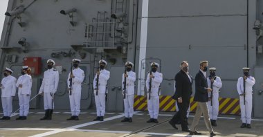 U.S. Secretary of State Mike Pompeo, (L), and Greek Prime Minister Kyriakos Mitsotakis visit the Greek frigate Salamis at the Naval Support Activity base at Souda, on the Greek island of Crete, Tuesday, Sept. 29, 2020. (AP File Photo)