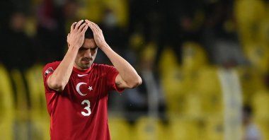 Turkey's Merih Demiral reacts during a World Cup 2022 qualifier match against Norway at the Şükrü Saraçoğlu Stadium in Istanbul, Turkey, Oct. 8, 2021. (AFP Photo)