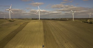 An aerial view taken by a drone shows wind turbines in the countryside of Istanbul, Turkey, Oct. 22, 2020. (EPA File Photo)