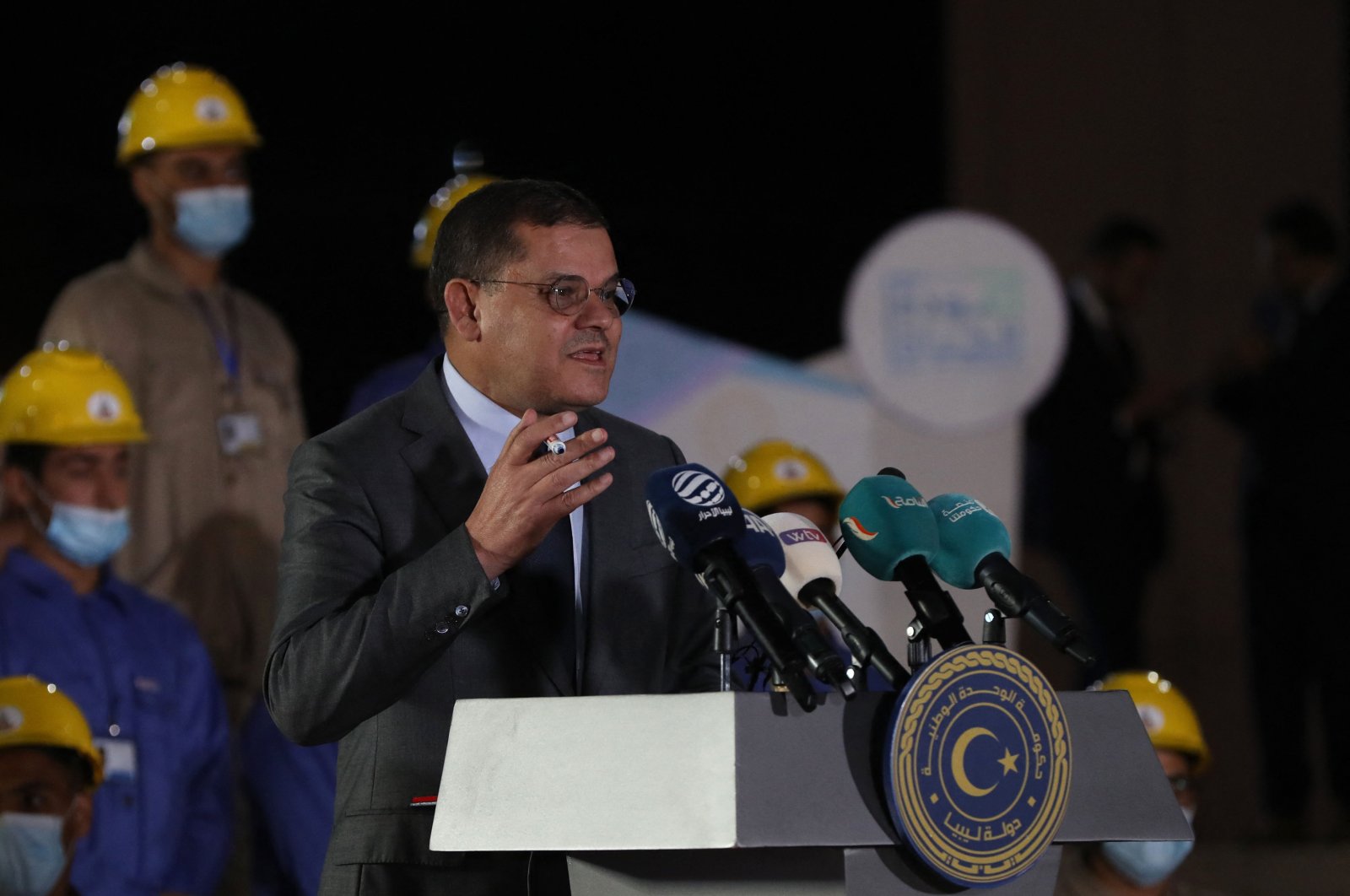 Libyan Prime Minister Abdul Hamid Mohammed Dbeibah speaks during the signing ceremony for the oil refinery and gas factory project in south Libya, at the National Oil Corporation building in the capital Tripoli, Libya, Oct.3, 2021. (AFP File Photo)