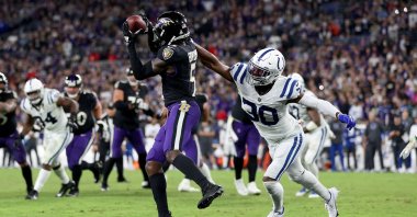 Marquise Brown (5) of the Baltimore Ravens catches the game-winning touchdown during overtime in a game against the Indianapolis Colts at M&T Bank Stadium, Baltimore, Maryland, U.S., Oct. 11, 2021. (AFP Photo)