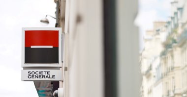 A Societe Generale sign is seen outside a bank building in Paris, France, Aug. 1, 2021. (Reuters Photo)