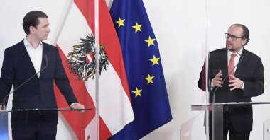 Then Austrian Chancellor Sebastian Kurz (L) and Austrian Foreign Minister Alexander Schallenberg at a press conference following a ministerial council meeting at the Chancellery in Vienna, Austria, April 28, 2021. (AFP Photo)