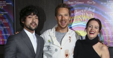 (L-R) Will Sharpe, Benedict Cumberbatch and Claire Foy pose for photographers at the photocall for the film "The Electrical Life of Louis Wain" in London, Oct. 10, 2021. (AP Photo)