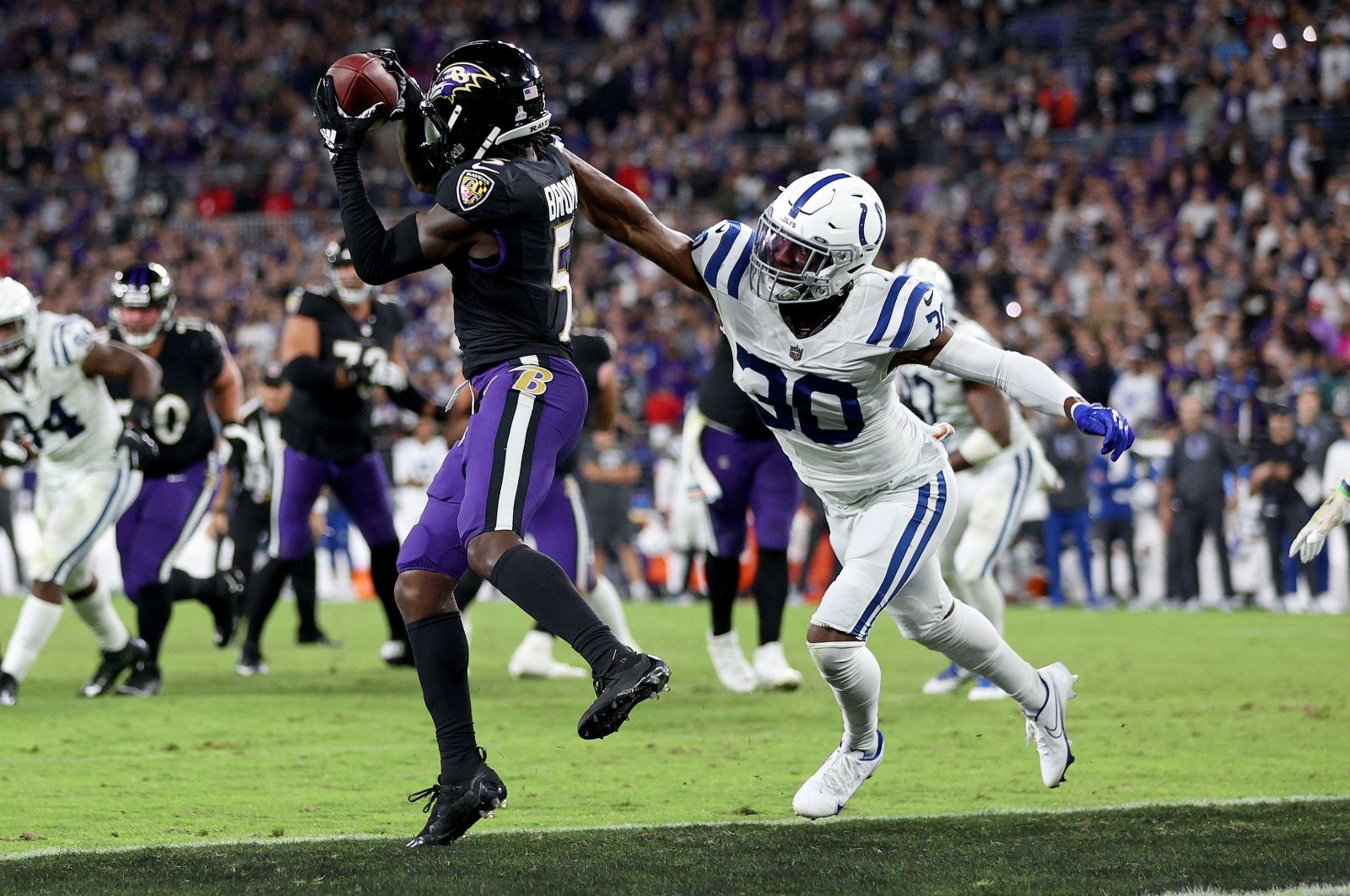 Marquise Brown (5) of the Baltimore Ravens catches the game-winning touchdown during overtime in a game against the Indianapolis Colts at M&T Bank Stadium, Baltimore, Maryland, U.S., Oct. 11, 2021. (AFP Photo)