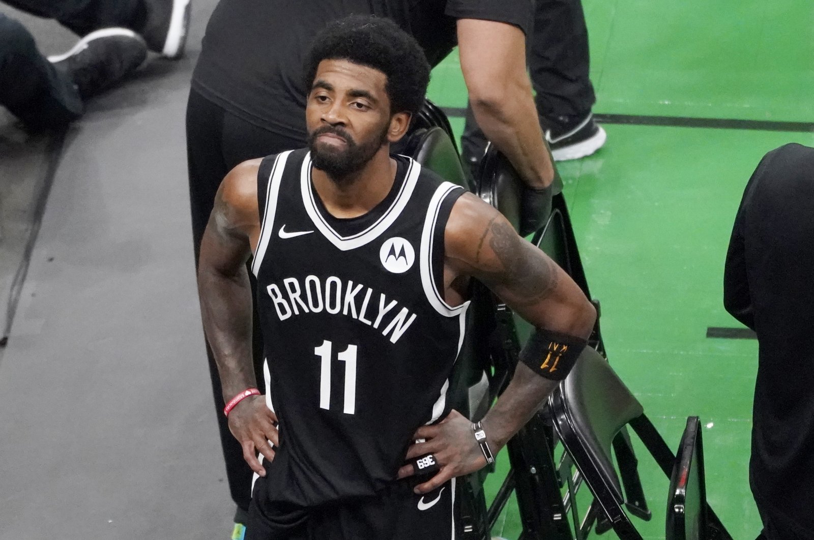 Brooklyn Nets guard Kyrie Irving looks up at the fans at TD Garden after they defeated the Boston Celtics in Game 4 during an NBA basketball first-round playoff series in Boston, May 30, 2021. (AP Photo)