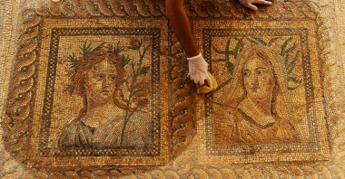 A mosaic of Dionysus and his wife Ariadne in the ancient city of Metropolis, Izmir, western Turkey, Oct. 12, 2021. (AA Photo)
