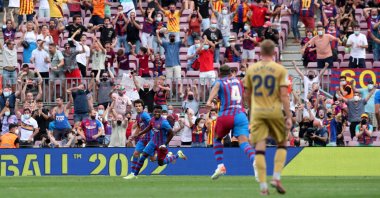 Barcelona's Ansu Fati (L) celebrates scoring their third goal with teammates during a La Liga match at Camp Nou, in Barcelona, Spain, Sept. 26, 2021. (Reuters Photo)