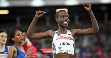 Kenya's Agnes Tirop smiles after winning the women's 1500-meter race at the IAAF Diamond League meeting at Stockholm Olympic Stadium in Stockholm, Sweden, May 30, 2019. (AP Photo)