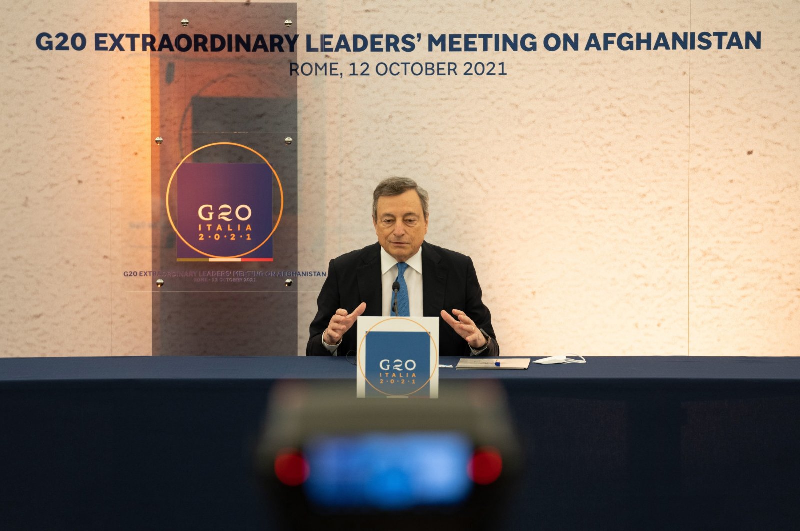 Italian Prime Minister Mario Draghi attending a press conference after the G-20 Extraordinary Leader's Meeting on Afghanistan at Palazzo Chigi, Rome, Italy, Oct. 12, 2021. (Italian government handout photo via EPA)