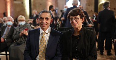 Turkish-German scientists Uğur Şahin and Özlem Türeci attend the award ceremony in Athens, Greece on Oct. 13, 2021. (AA Photo)