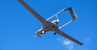 The Turkish-made Bayraktar TB2 drone flies at Geçitkale military airbase near Gazimağusa (Famagusta) in the Turkish Republic of Northern Cyprus (TRNC), Dec. 16, 2019. (AFP Photo)
