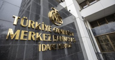 The logo of the Central Bank of the Republic of Turkey at the entrance of the bank's headquarters in the capital Ankara, Turkey, April 19, 2020. (AA Photo)
