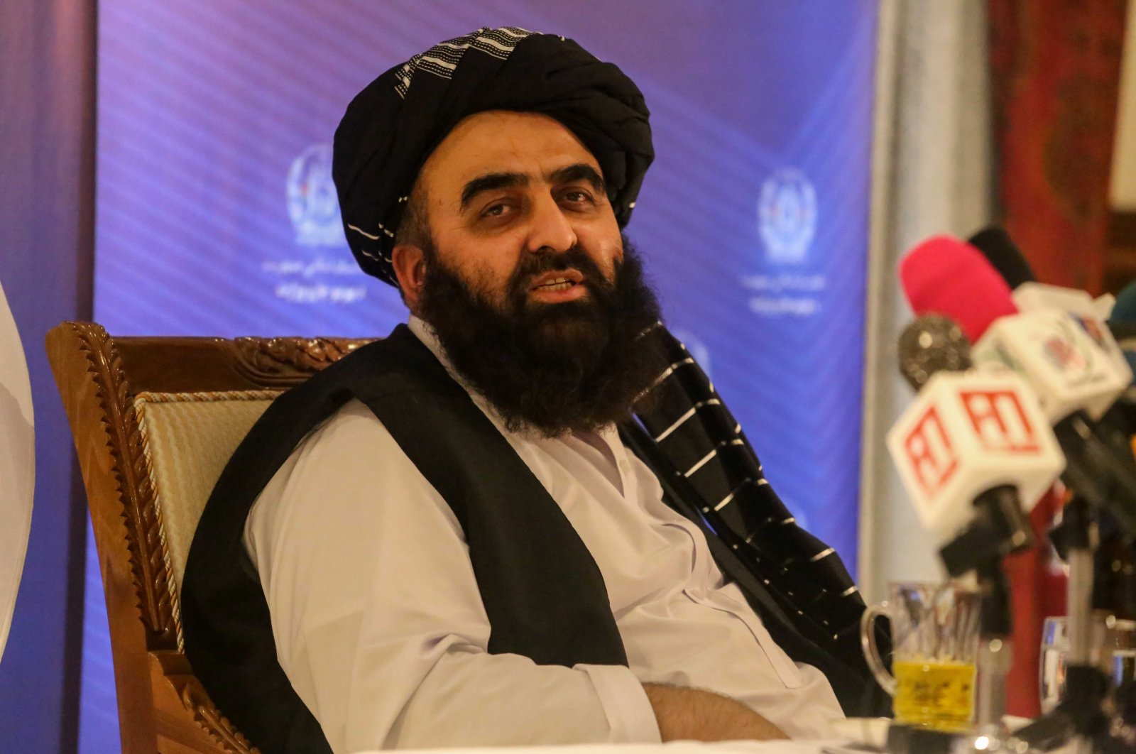 Amir Khan Muttaqi, the Taliban's acting Foreign Minister, talks with journalists during a press conference in Kabul, Afghanistan, Sept. 14, 2021. (EPA Photo)