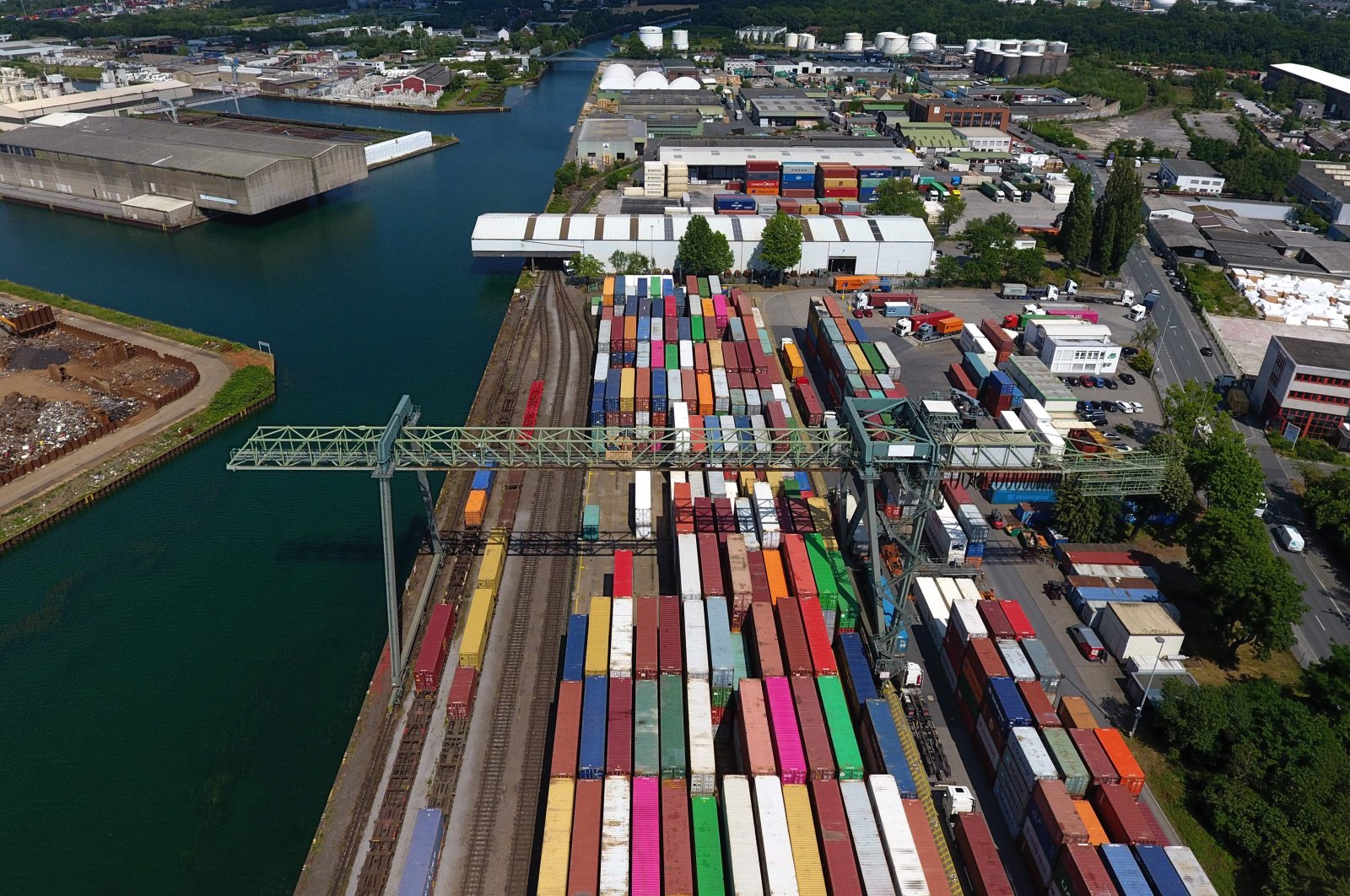 An aerial view of containers at the inland port in Dortmund, western Germany, June 24, 2019. (AFP Photo)