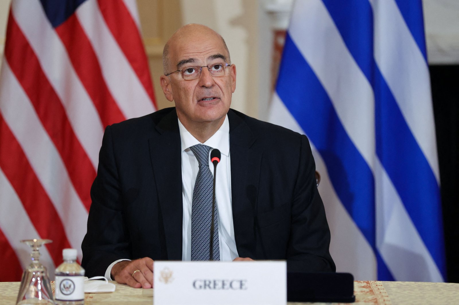Greek Foreign Minister Nikos Dendias speaks after signing the renewal of the U.S.-Greece Mutual Defense Cooperation Agreement at the State Department in Washington, D.C., U.S., on Oct. 14, 2021. (AFP Photo)