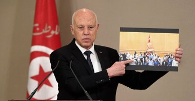 Tunisian President Kais Saied announces the formation of a new government in Tunis, Tunisia, Oct. 11, 2021. (Tunisian Presidency Press Service via AFP)