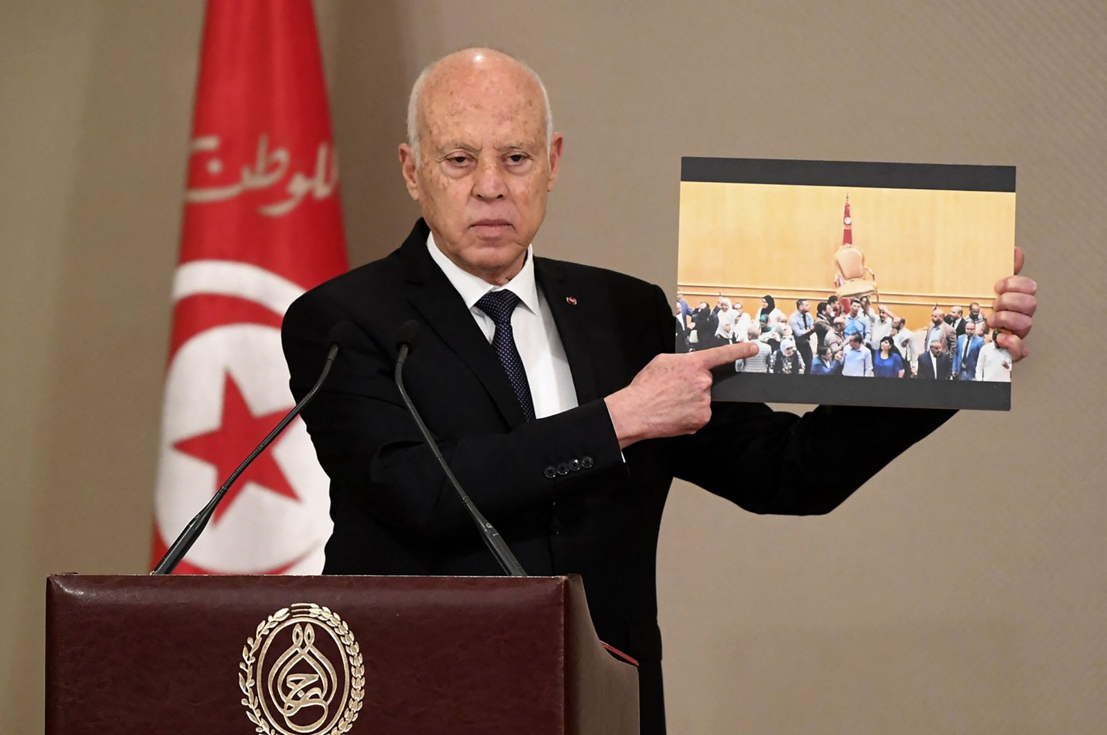Tunisian President Kais Saied announces the formation of a new government in Tunis, Tunisia, Oct. 11, 2021. (Tunisian Presidency Press Service via AFP)
