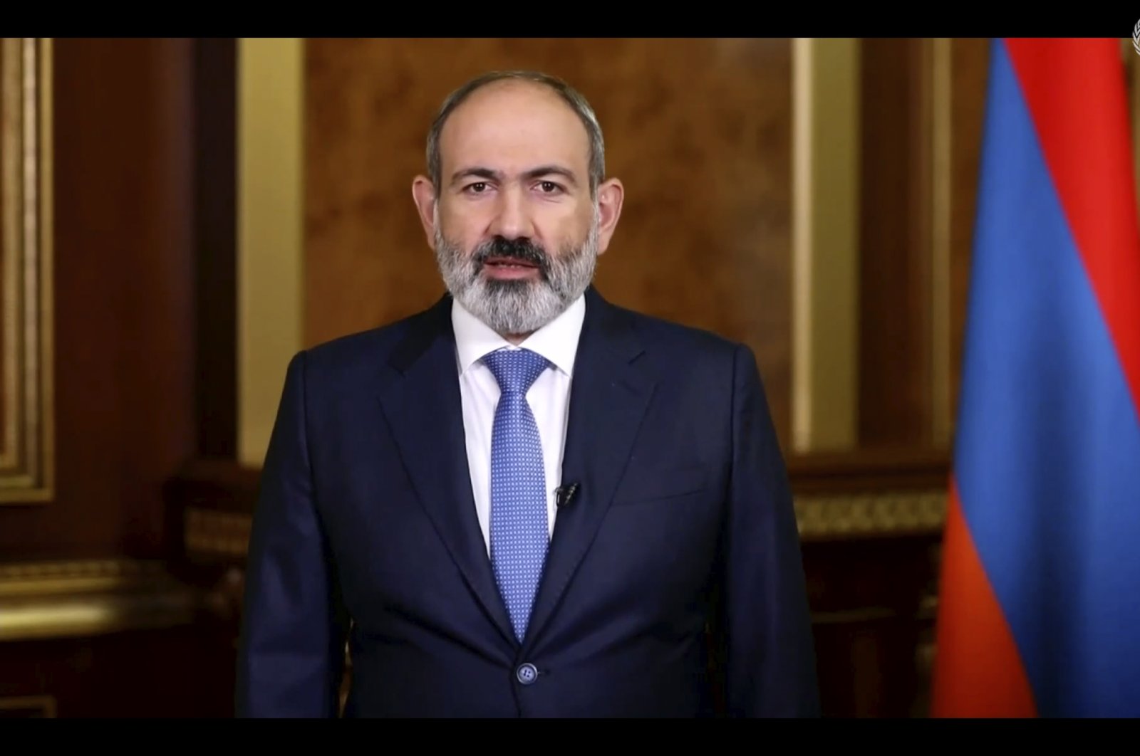 Armenian Prime Minister Nikol Pashinian remotely addresses the 76th session of the United Nations General Assembly in a pre-recorded message, Sept. 24, 2021. (AP Photo)