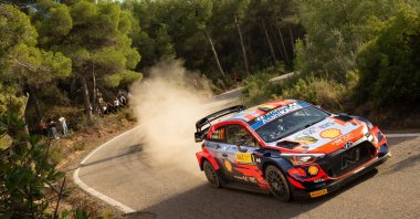 Belgian driver Thievy Neuville in his Hyundai i20 Coupe takes a corner on the second day of the WRC Rally of Spain in La Granadella, Lleida, Spain, Oct. 15, 2021. (EPA Photo)
