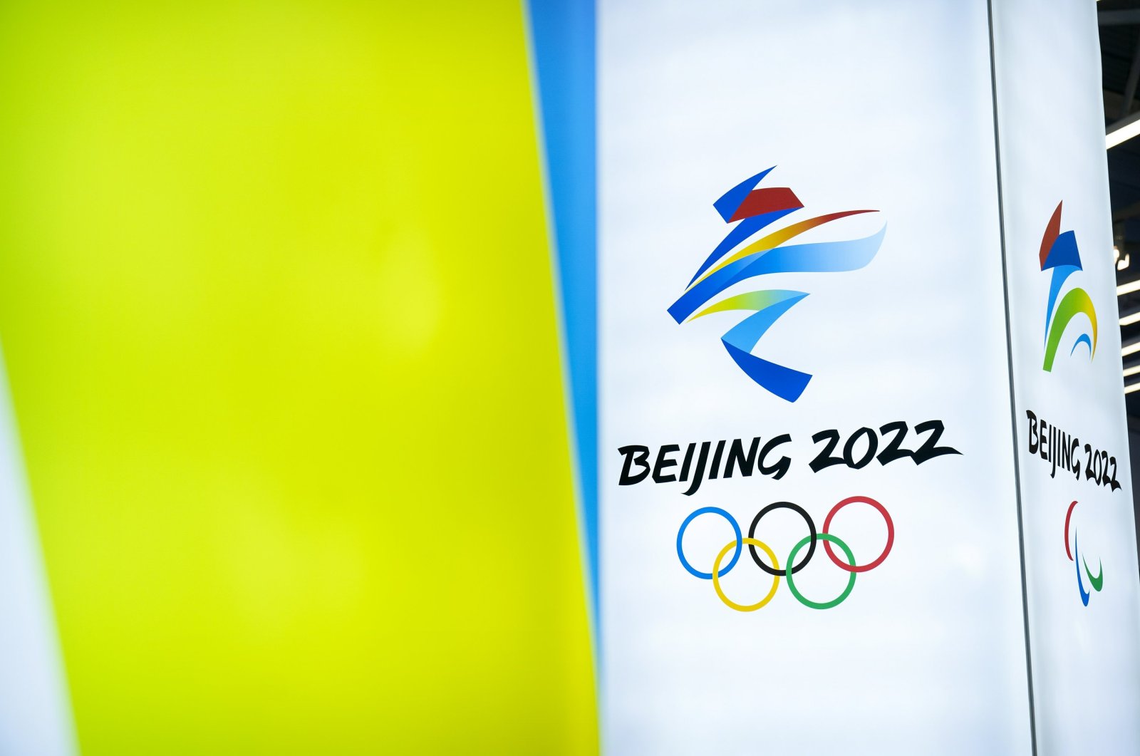 Beijing 2022 Winter Olympics logo is on display at  a visitors center at the Winter Olympic venues in Yanqing on the outskirts of Beijing, China, Feb. 5, 2021. (AP Photo)