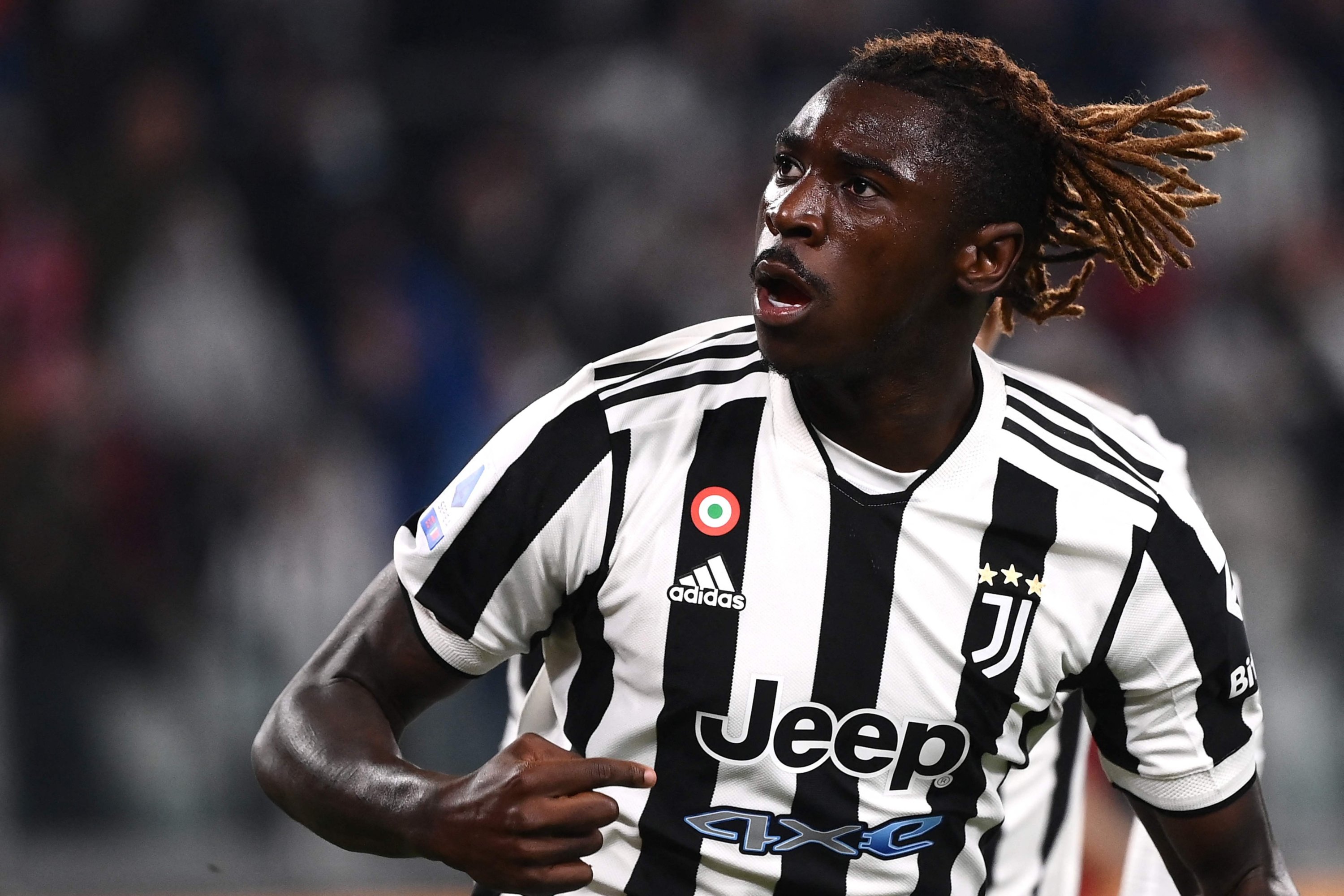 Juventus' Italian forward Moise Kean celebrates after opening in a Serie A match against AS Roma at the Juventus stadium in Turin, Oct. 17, 2021. (AFP Photo)