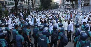 Protesters participate in a demonstration over an insult to Islam, outside the country’s main Baitul Mukarram Mosque in Dhaka, Bangladesh, Oct. 16, 2021. (AP Photo)