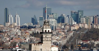 Maiden's Tower, an islet on the Bosporus, is pictured with the city's skyscrapers in the background, in Istanbul, Turkey, Feb. 23, 2020. (Reuters Photo)