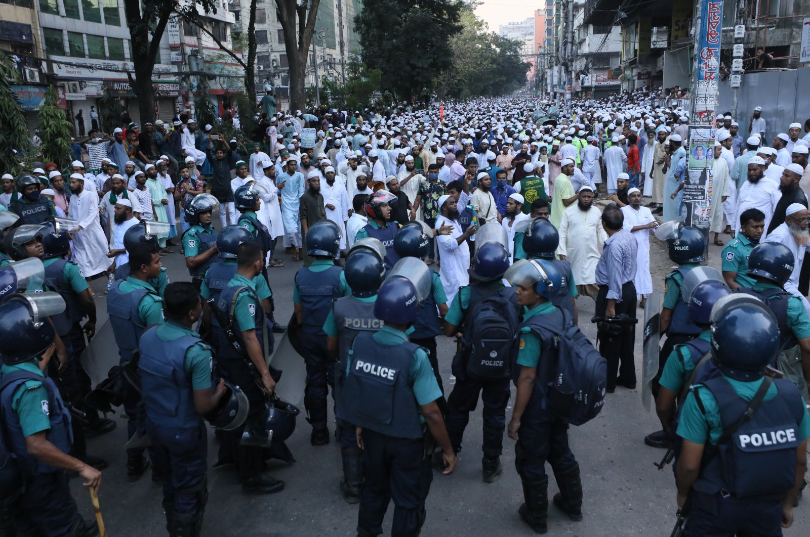 Protesters participate in a demonstration over an insult to Islam, outside the country’s main Baitul Mukarram Mosque in Dhaka, Bangladesh, Oct. 16, 2021. (AP Photo)