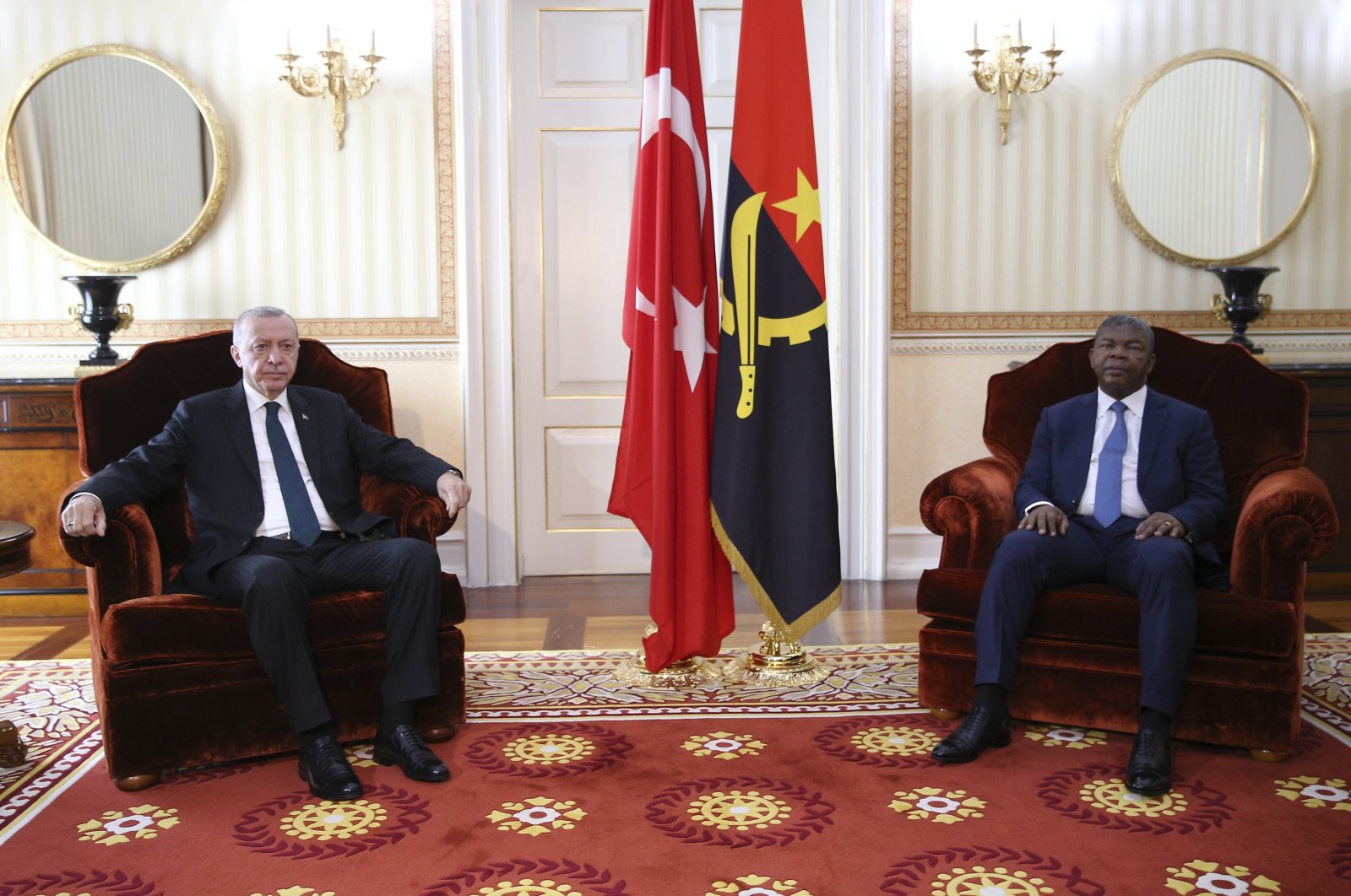 President Recep Tayyip Erdoğan (L) and Angolan President Joao Lourenco during their meeting at the Presidential Palace in Luanda, Angola, Oct. 18, 2021. (EPA Photo)