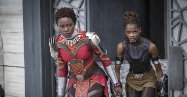 This image released by Disney shows Lupita Nyong'o (L) and Letitia Wright in a scene from Marvel Studios' "Black Panther." (AP)